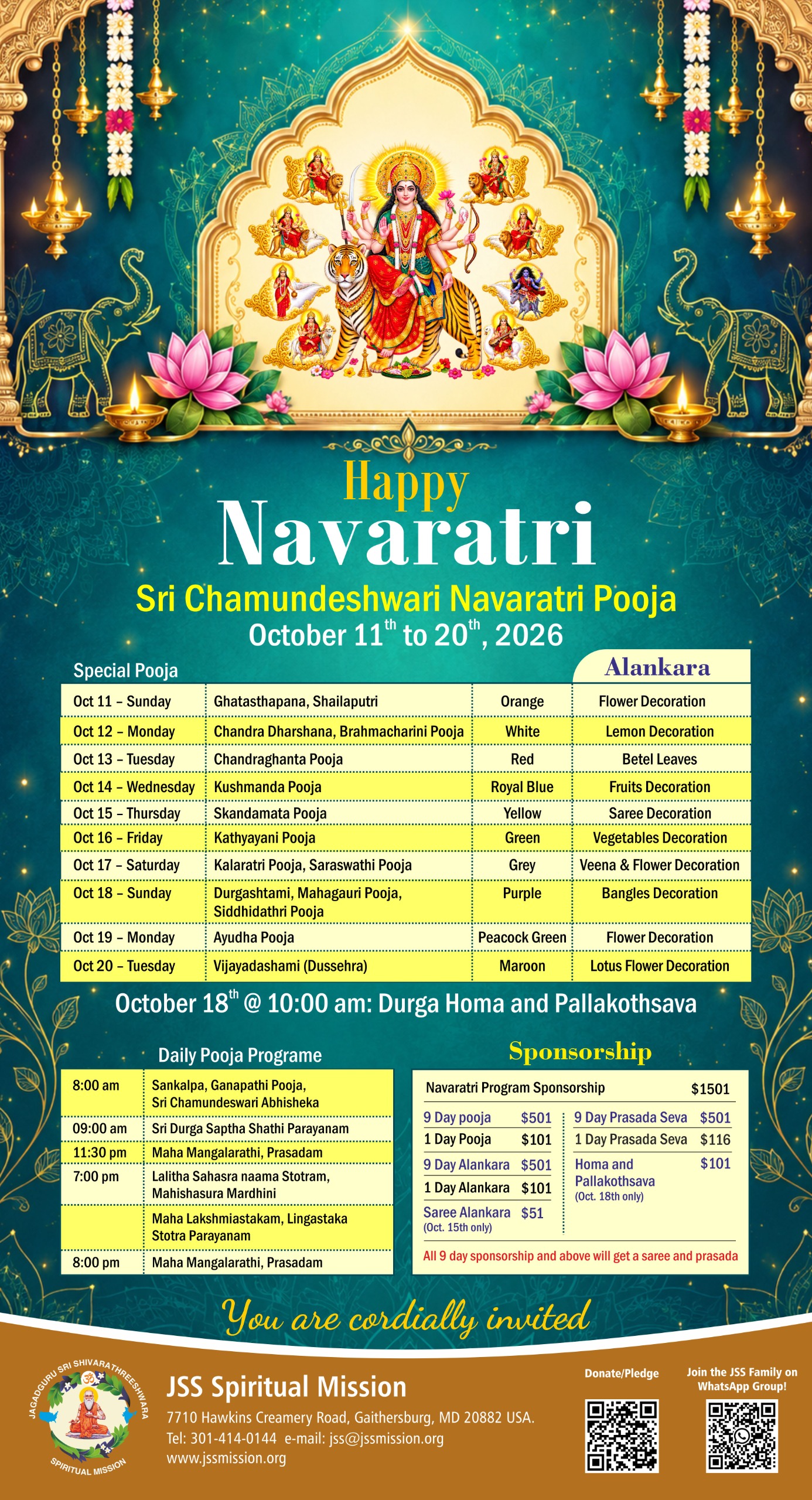 NAVARATRI Pooja Schedule At JSS Spiritual Mission, USA .